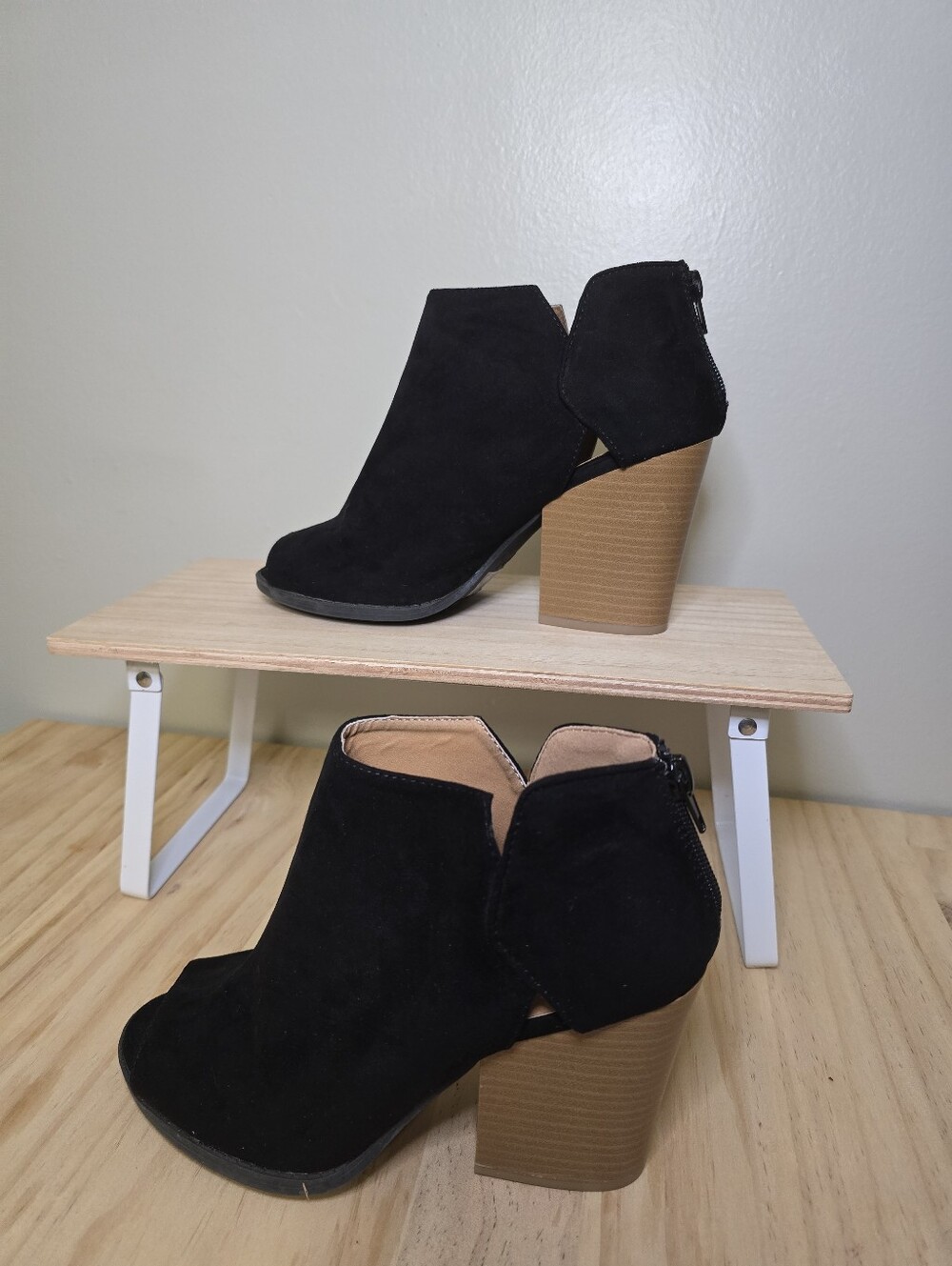 Quipid Black Suede Open-Side Block Heel Booties